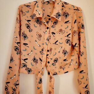 Forever 21 Womens Waist Tie Beauty Salon Print Blouse L NWOT